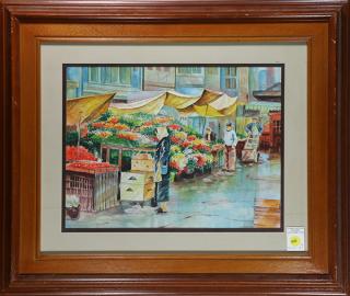 Appraisal: Watercolor Flower Market Scene with Figures Flower Market Scene with