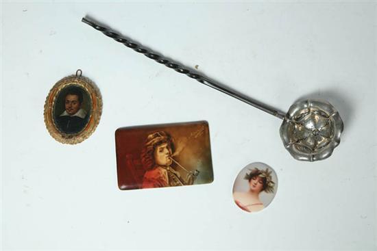 Appraisal: THREE MINIATURES AND A LADLE European th century Oval painting