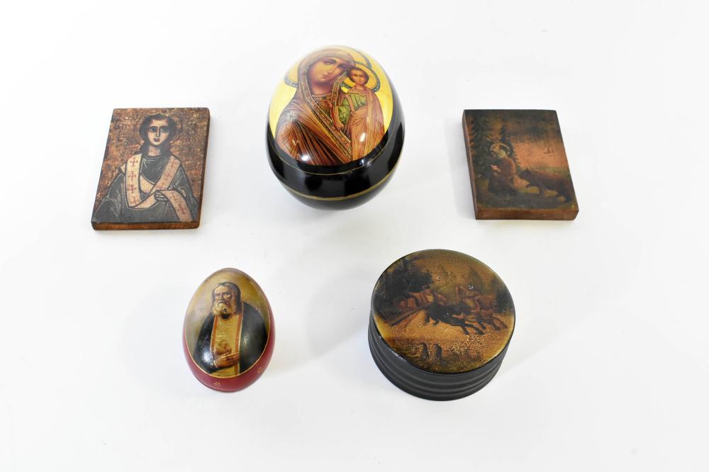 Appraisal: RUSSIAN LACQUER EGGS A BOX TWO PANELSThe eggs and box