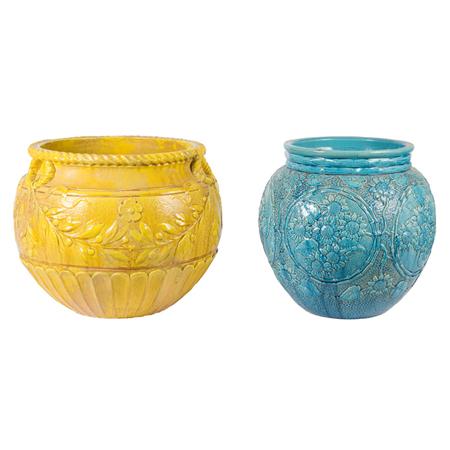 Appraisal: Two Burmantofts Majolica Jardinieres Together with a Majolica Blue Glazed