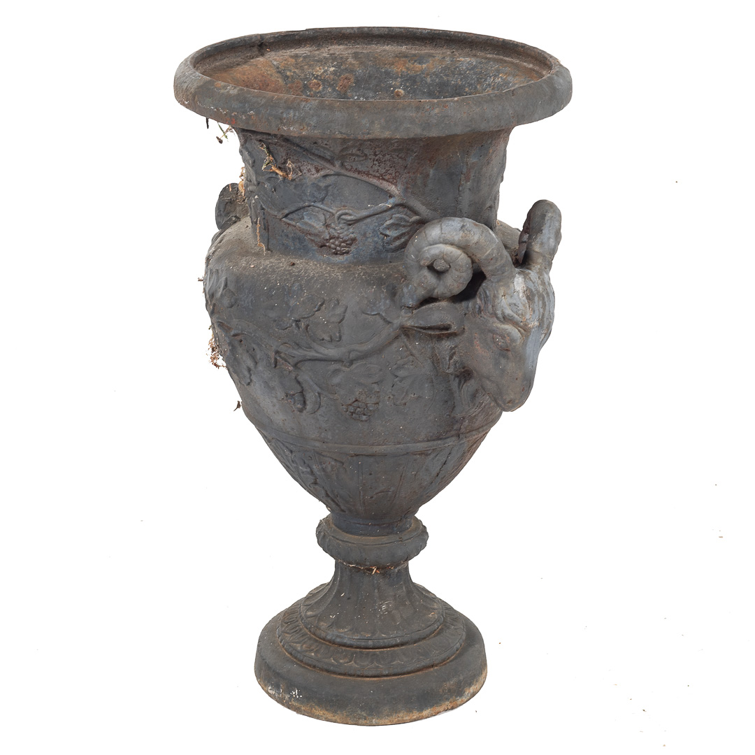 Appraisal: Classical style cast iron garden urn with ram head handles