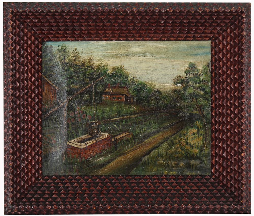 Appraisal: th C American School Painting Tramp Art Frame th C