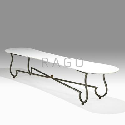 Appraisal: FRENCH Coffee table France Patinated wrought iron brass milk glass