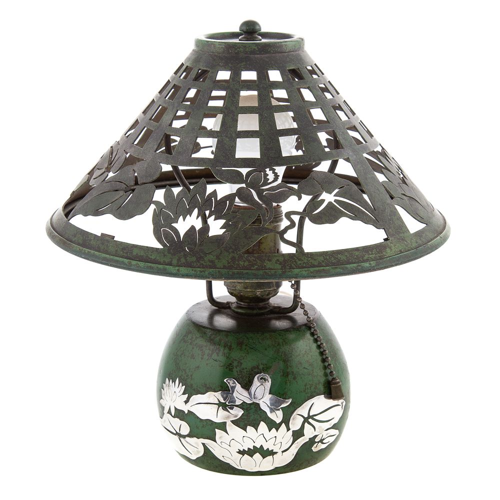 Appraisal: Heintz Studio Bronze Silver Inlay Lamp Bulbous verdigris base with