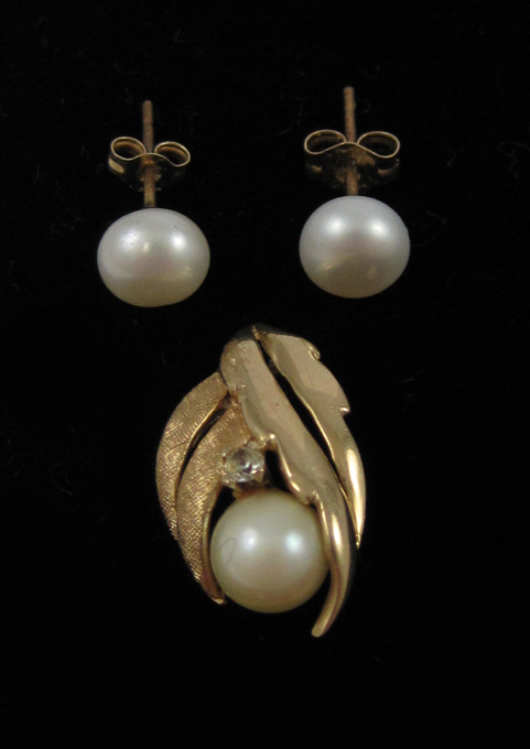 Appraisal: THREE ARTICLES OF PEARL JEWELRY including a k yellow gold