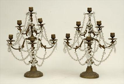 Appraisal: Pair of Louis XVI-Style Gilt-Metal and Cut Glass Six-Light Candelabra