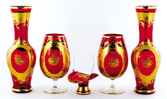 Appraisal: Bohemian ruby flash glass vases with scrolling floral gilt designs