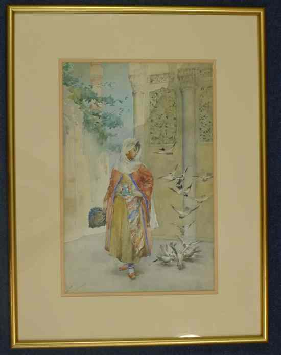 Appraisal: Fabbio Fabbi - watercolour Woman feeding pigeons in a moorish