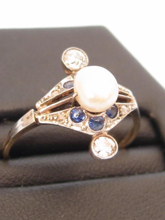 Appraisal: An Art Deco style Diamond Sapphire and Pearl Ring the