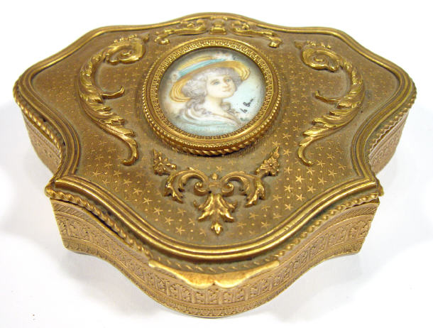 Appraisal: th Century gilt metal jewellery box with hinged lid inset