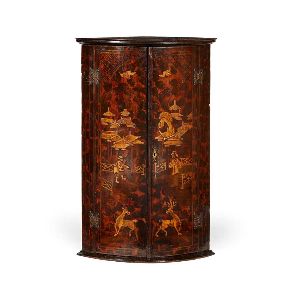 Appraisal: GEORGIAN BLACK JAPANNED HANGING CORNER CUPBOARD TH CENTURY with Chinoiserie