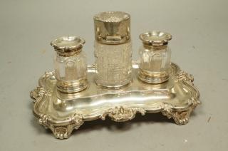 Appraisal: Sterling Birmingham Crystal Inkwell Set Rich orn Sterling Birmingham Crystal