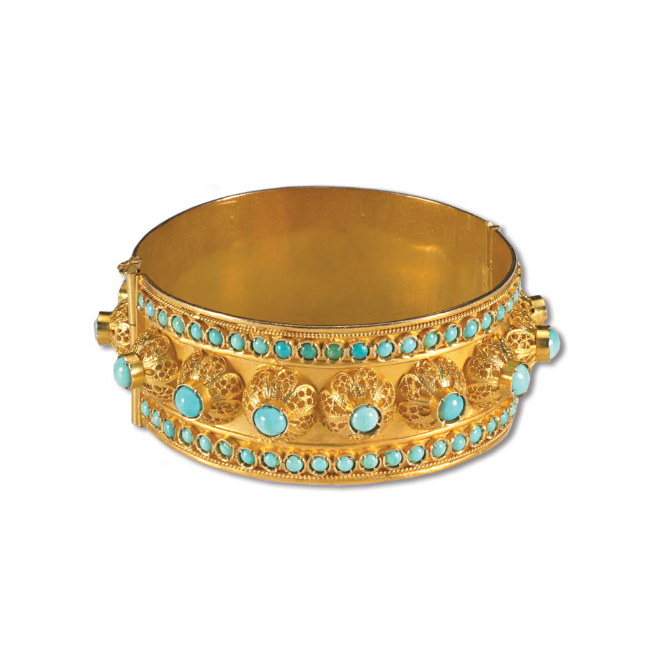 Appraisal: k Yellow Gold Hinged Bangle set with numerous round turquoise