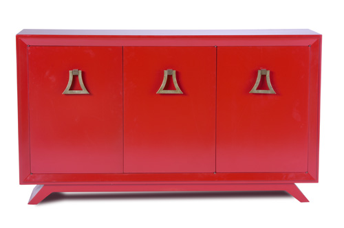 Appraisal: JAMES MONT Three-door cabinet with red enameled finish and large