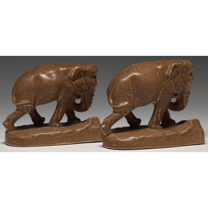 Appraisal: Rookwood bookends pair large elephant covered in a mottled brown