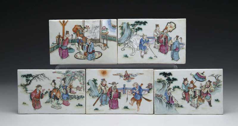 Appraisal: SET OF FIVE ORIENTAL EXPORT TILES Each tile is the