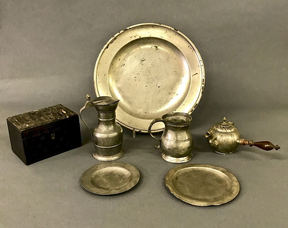 Appraisal: Pewter Tableware Grouping Townsend pewter charger dia tea caddy English