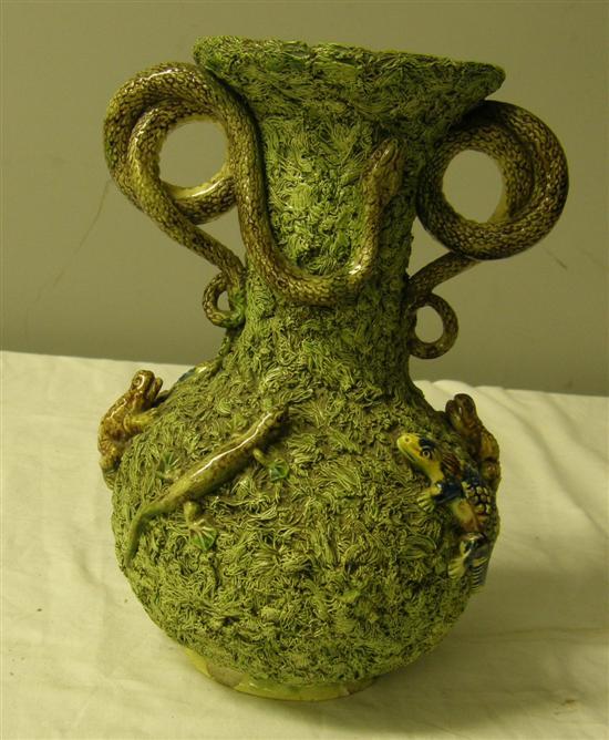 Appraisal: th century Pallisy type two handled vase encrusted with snakes