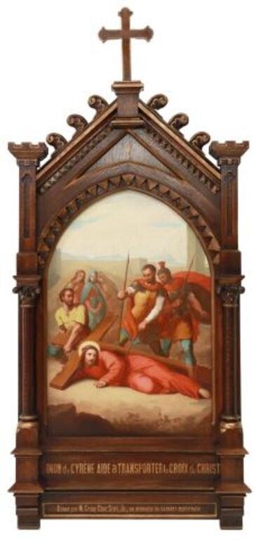 Appraisal: French religious framed oil painting on board Fifth Station of