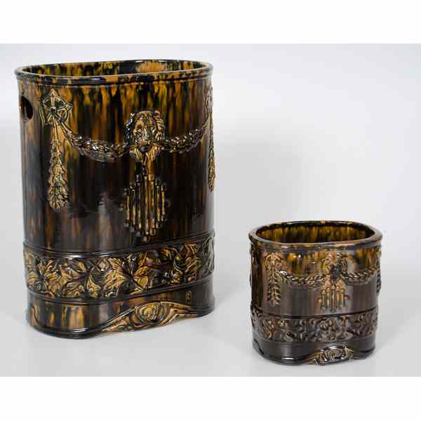 Appraisal: Rockingham-grazed Desk Pieces English ca - two Rockingham-glazed baskets probably