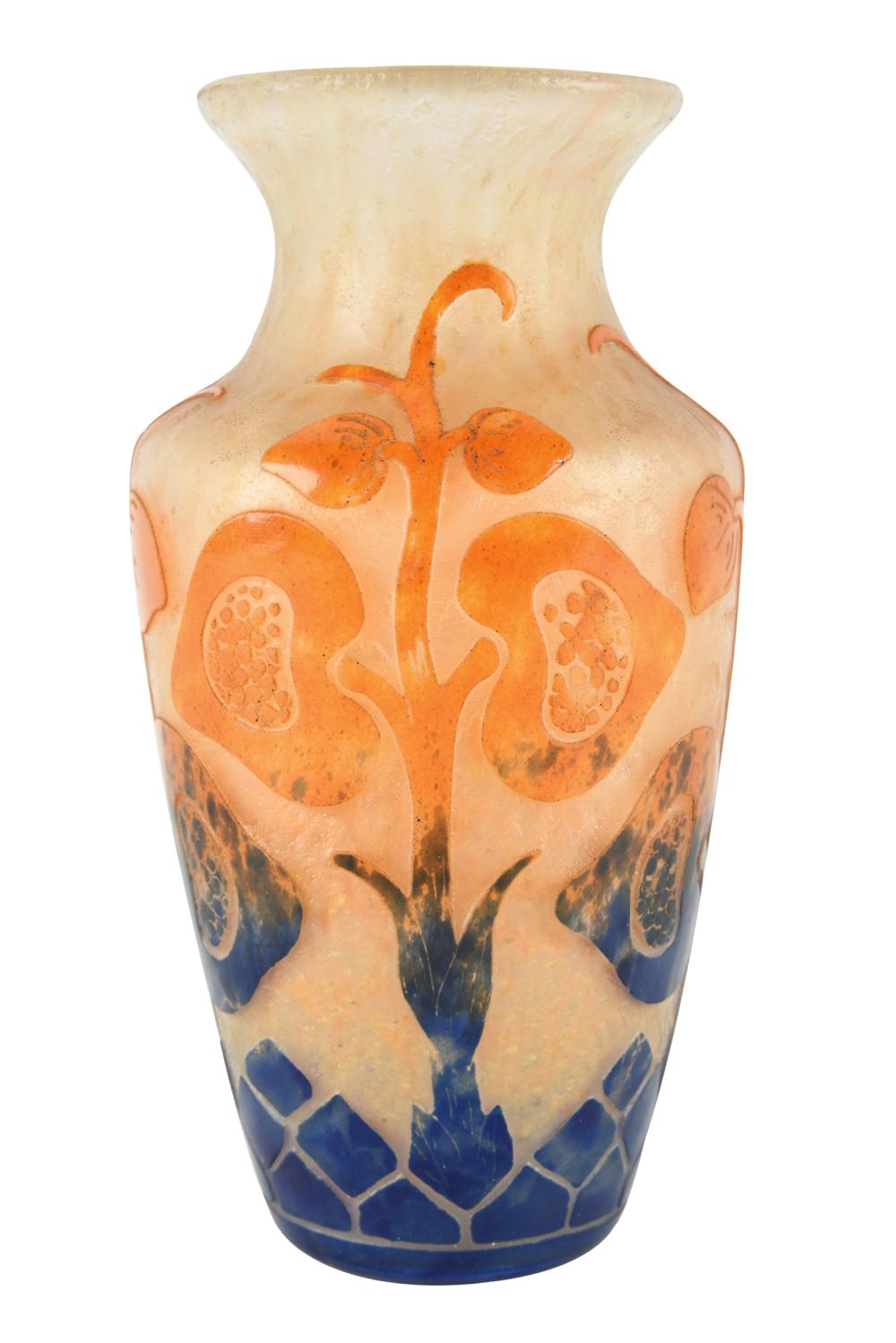 Appraisal: ART GLASS VASEunsigned decorated in orange and purple cut to