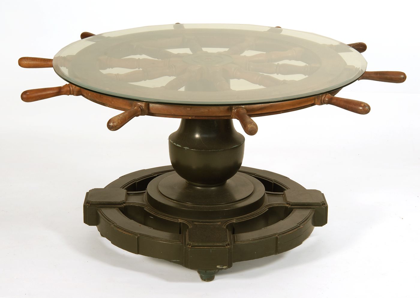 Appraisal: MODERN SHIP'S WHEEL COFFEE TABLE With brass hub and glass