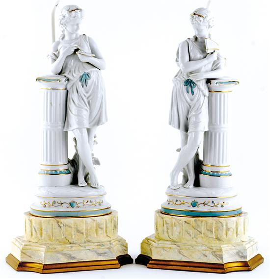 Appraisal: Pair Continental porcelain figural lamps circa young Roman beauties leaning