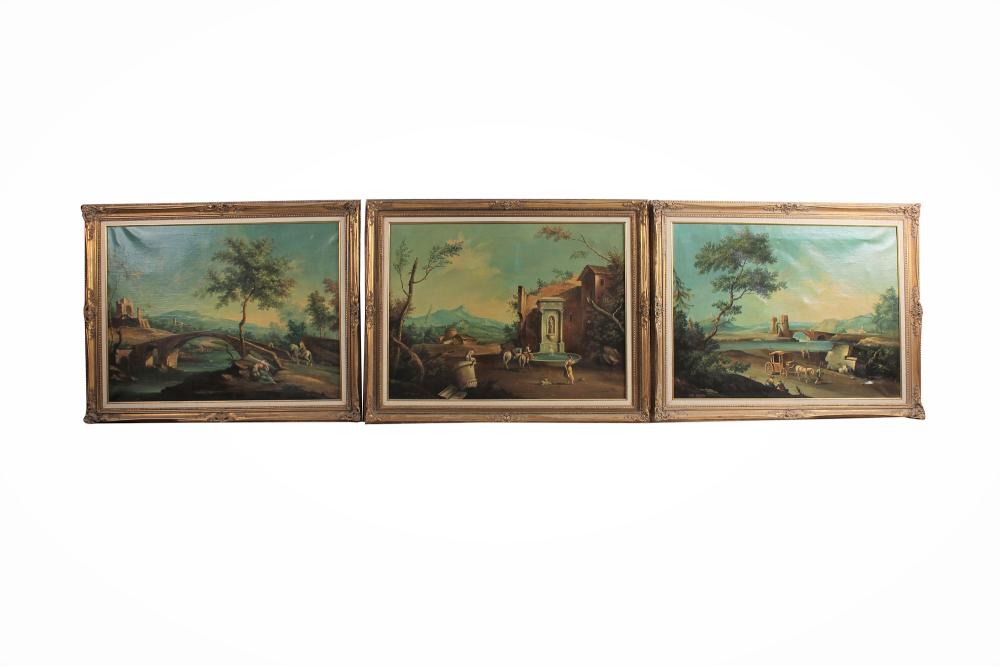 Appraisal: THREE ITALIAN CAPRICCIO SCENE PAINTINGSoil on burlap x inches Condition