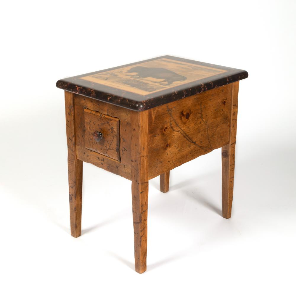 Appraisal: WOODEN SIDE TABLE WITH VINTAGE BUFFALO PRINT VENEER TOPWooden Side