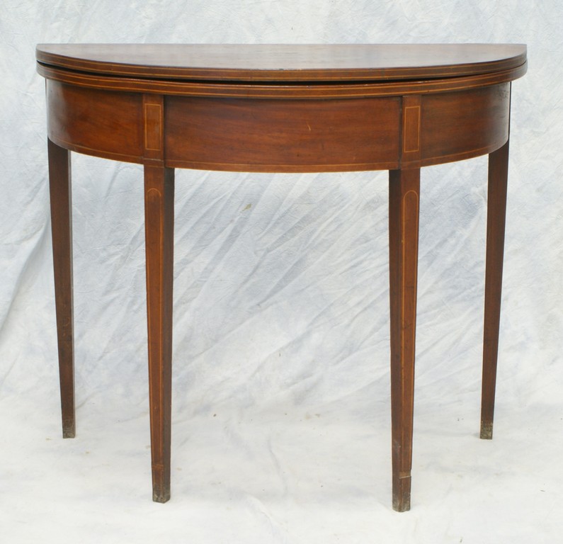 Appraisal: Line inlaid mahogany Hepplewhite demilune card table back corners of