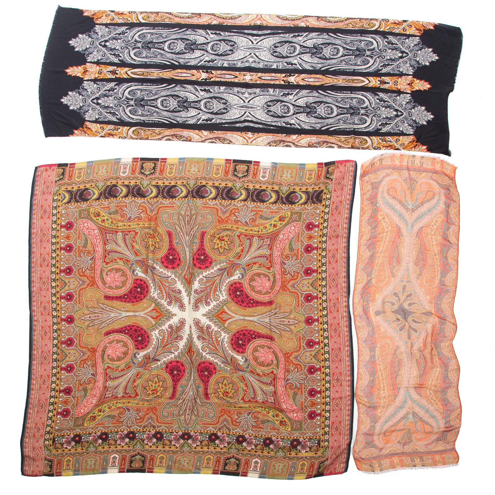 Appraisal: THREE ETRO SILK WOOL SCARVES A black and multicolor Etro