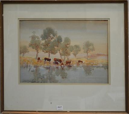 Appraisal: ALFRED E SUTTON CATTLE DRINKING WATERCOLOUR X CM ALFRED E