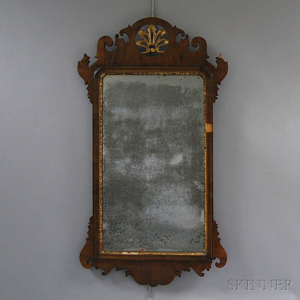 Appraisal: Queen Anne Carved Mahogany Veneer Scroll-frame Mirror th century the