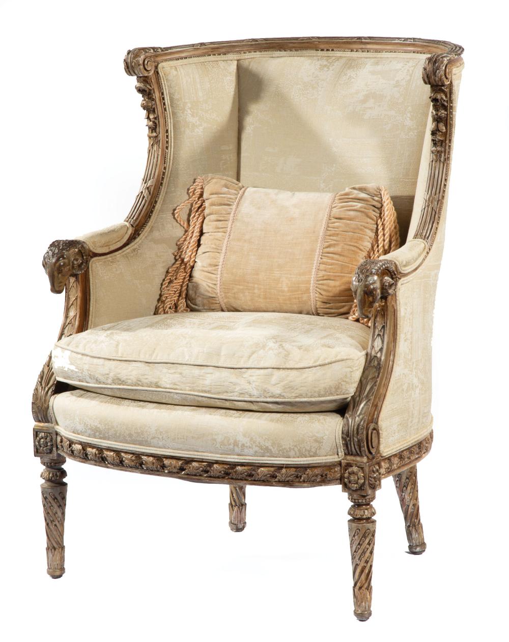 Appraisal: Louis XVI-Style Creme Peinte Bergere scrolled acanthus crest rail padded