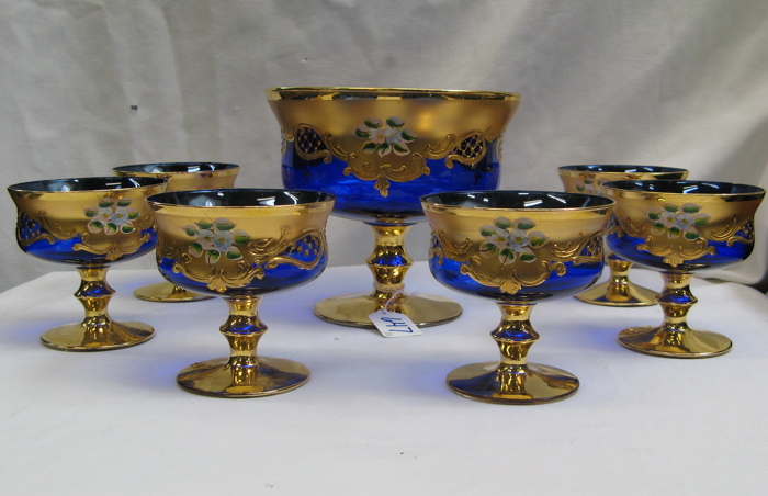 Appraisal: SEVEN PIECE BOHEMIAN BLUE GLASS ICE CREAM SET overlaid with