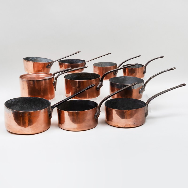 Appraisal: GROUP OF COPPER COOKWARE Comprising Ten sauce pansA coverThe largest