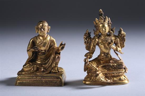 Appraisal: TWO TIBETAN GILT BRONZE FIGURES OF BODDHISATTVA AND MONK Early