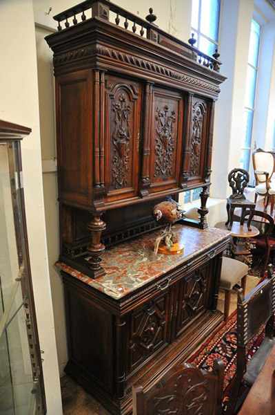 Appraisal: A TH CENTURY STYLE WALNUT COURT CUPBOARD WITH MARBLE TOP