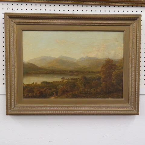 Appraisal: William T Longmire oil Windmere Lake Districtwith figures sailboats image