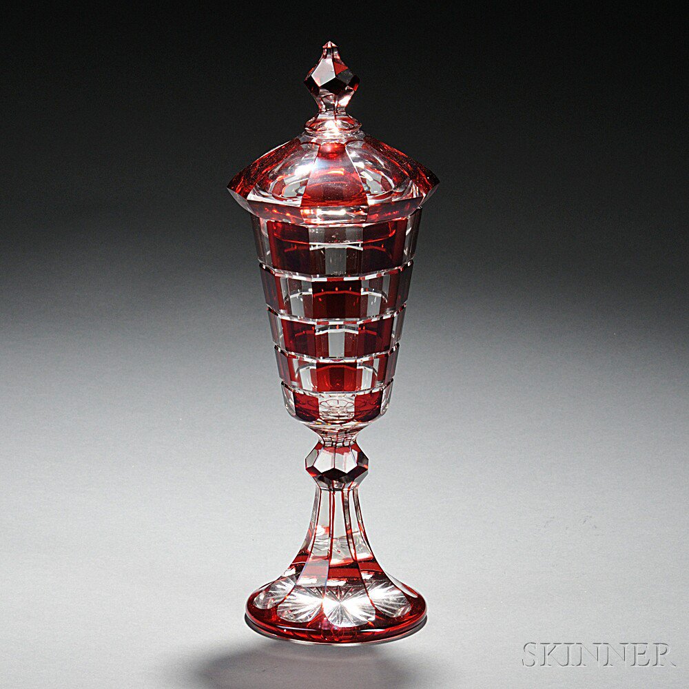 Appraisal: Ruby-to-Clear Glass Covered Urn late th early th century with