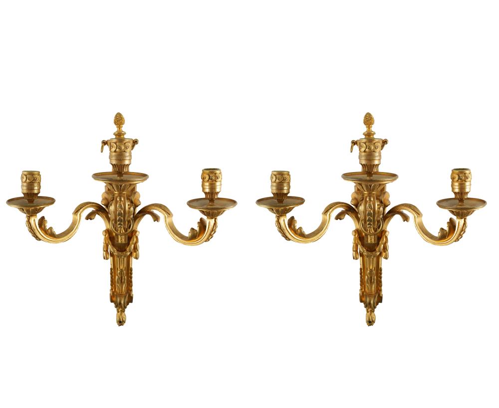 Appraisal: PAIR OF GILT BRONZE THREE-LIGHT WALL SCONCESin the Louis XVI