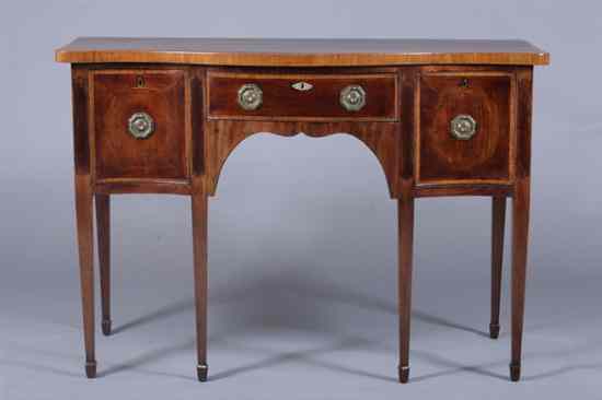 Appraisal: ENGLISH HEPPLEWHITE INLAID MAHOGANY SERPENTINE-FRONT SIDEBOARD Late th century Banded