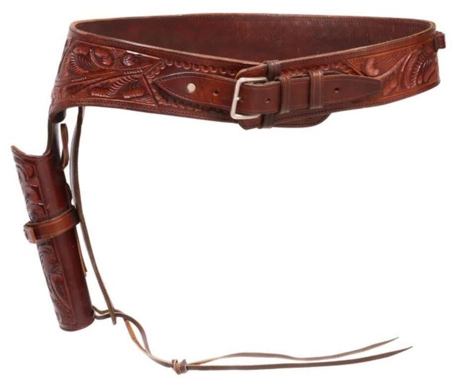 Appraisal: Western tooled leather gun belt and holster with silver tone