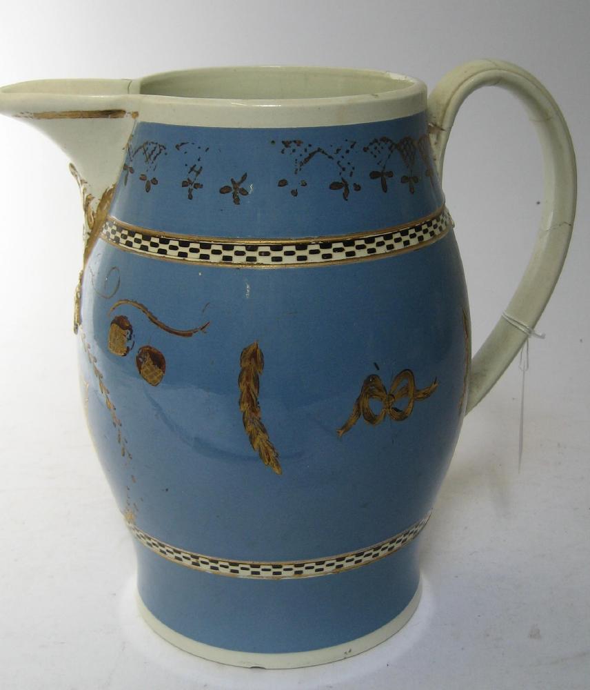 Appraisal: A DOCUMENTARY PEARLWARE JUG dated of bellied cylindrical form engine