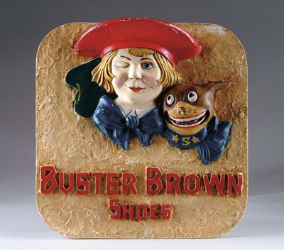 Appraisal: BUSTER BROWN PLASTER RELIEF SIGN Square painted sign showing winking