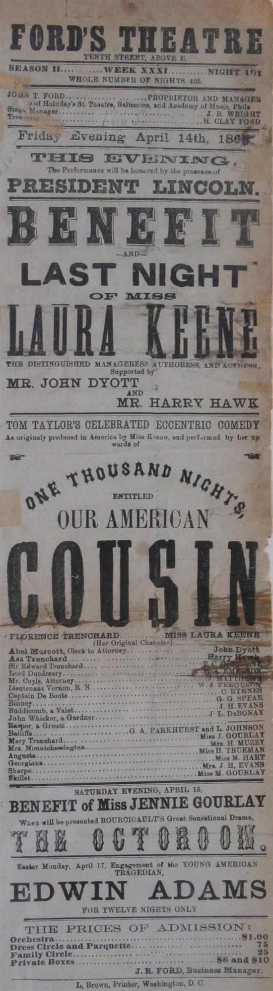 Appraisal: FORD'S THEATER BROADSIDE FOR OUR AMERICAN COUSIN DATED APRIL th