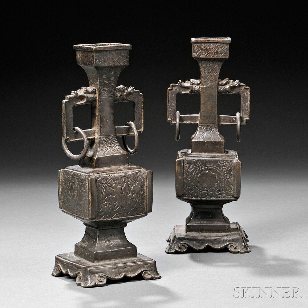 Appraisal: Pair of Bronze Altar Vases China Qing dynasty square gu