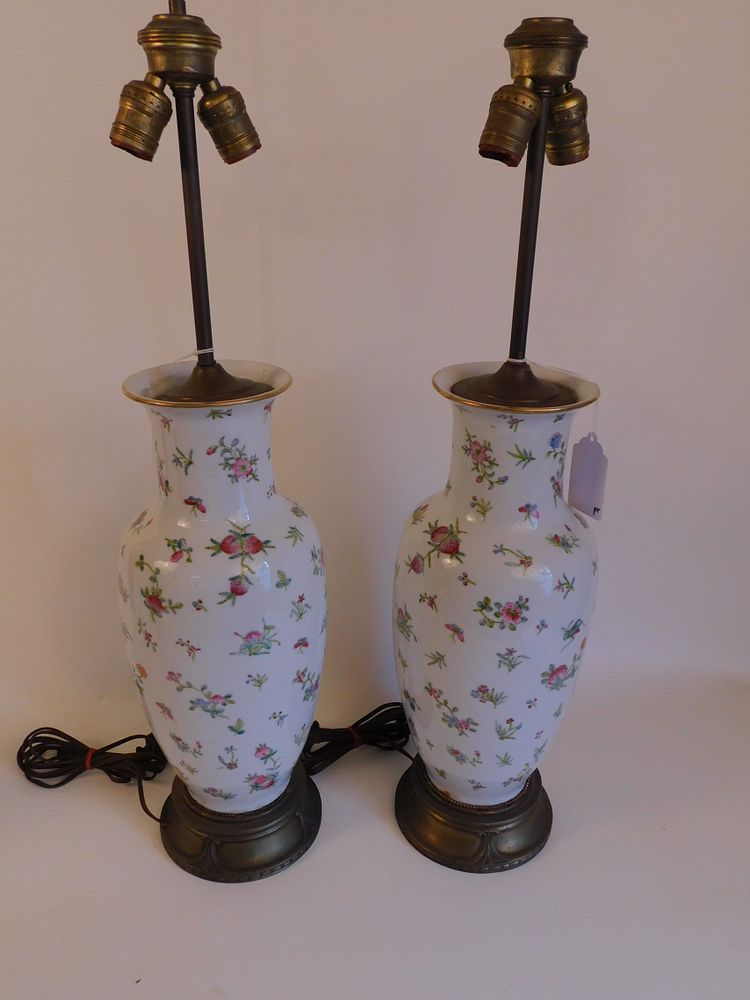 Appraisal: PAIR OLD PORCELAIN TABLE LAMPS FLORAL Pr of large old