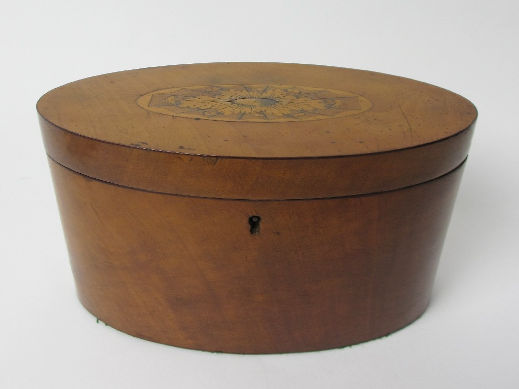 Appraisal: A George III satinwood oval tea caddy inlaid with foliate