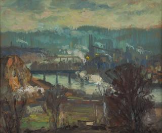 Appraisal: Alfred R Mitchell ''Reading Pennsylvania'' industrial river scene signed lower